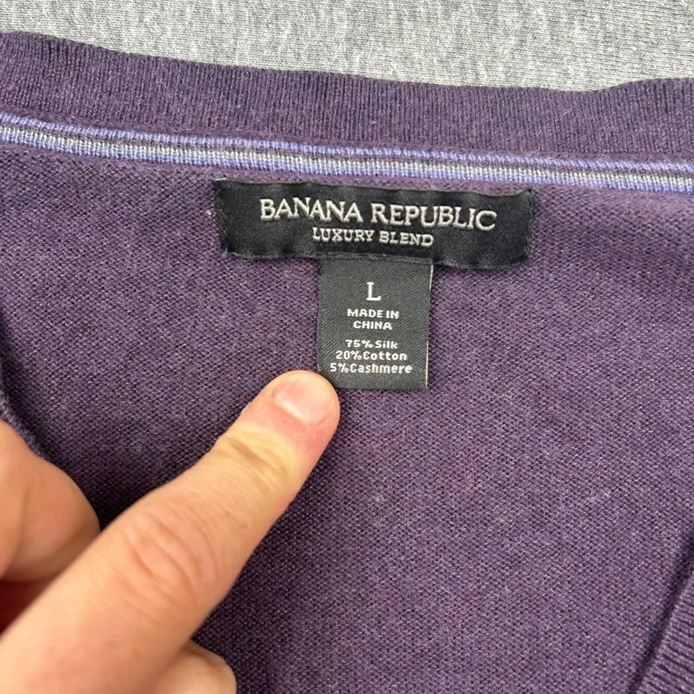Banana Republic Luxury Blend Vneck Sweater Mens Large Purple Silk Cotton Cashmer